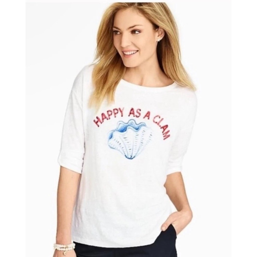 TALBOTS L White Happy as a Clam 100% Linen Relaxed‎ Top T Shirt Coastal Beach